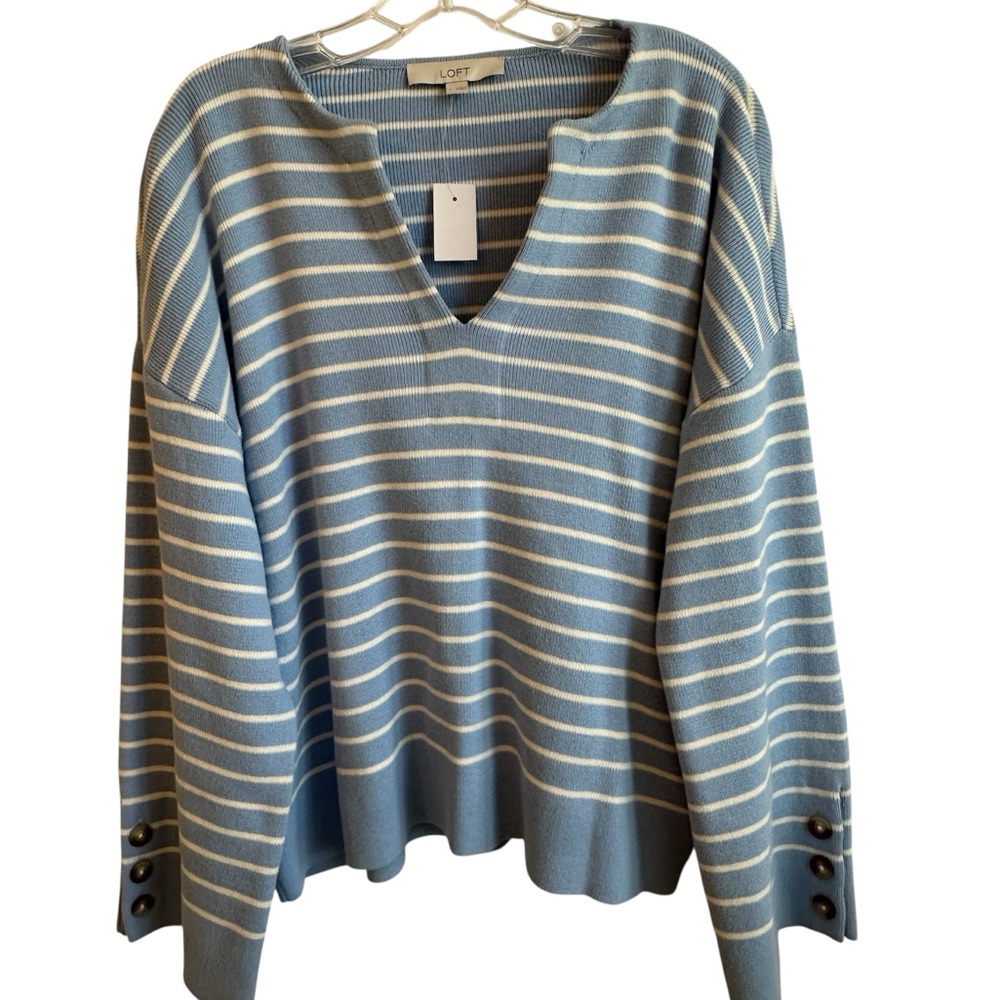 LOFT Sky Blue and Cream Striped V-Neck Sweater NWT